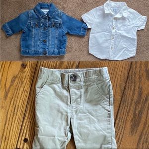 Old Navy 3-6 months: denim jacket, chinos, & white button up short-sleeve shirt